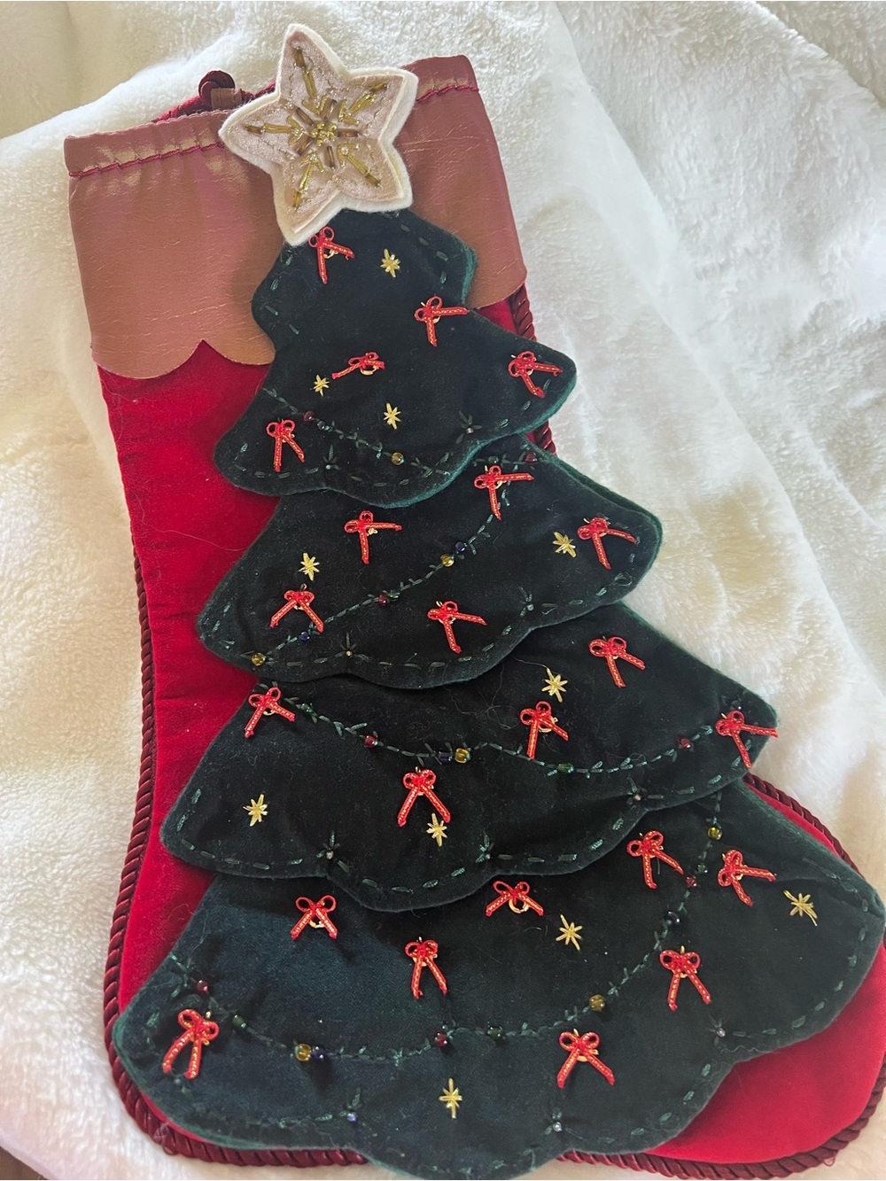 Vintage 2005 Hallmark Christmas tree stocking for ornament display
